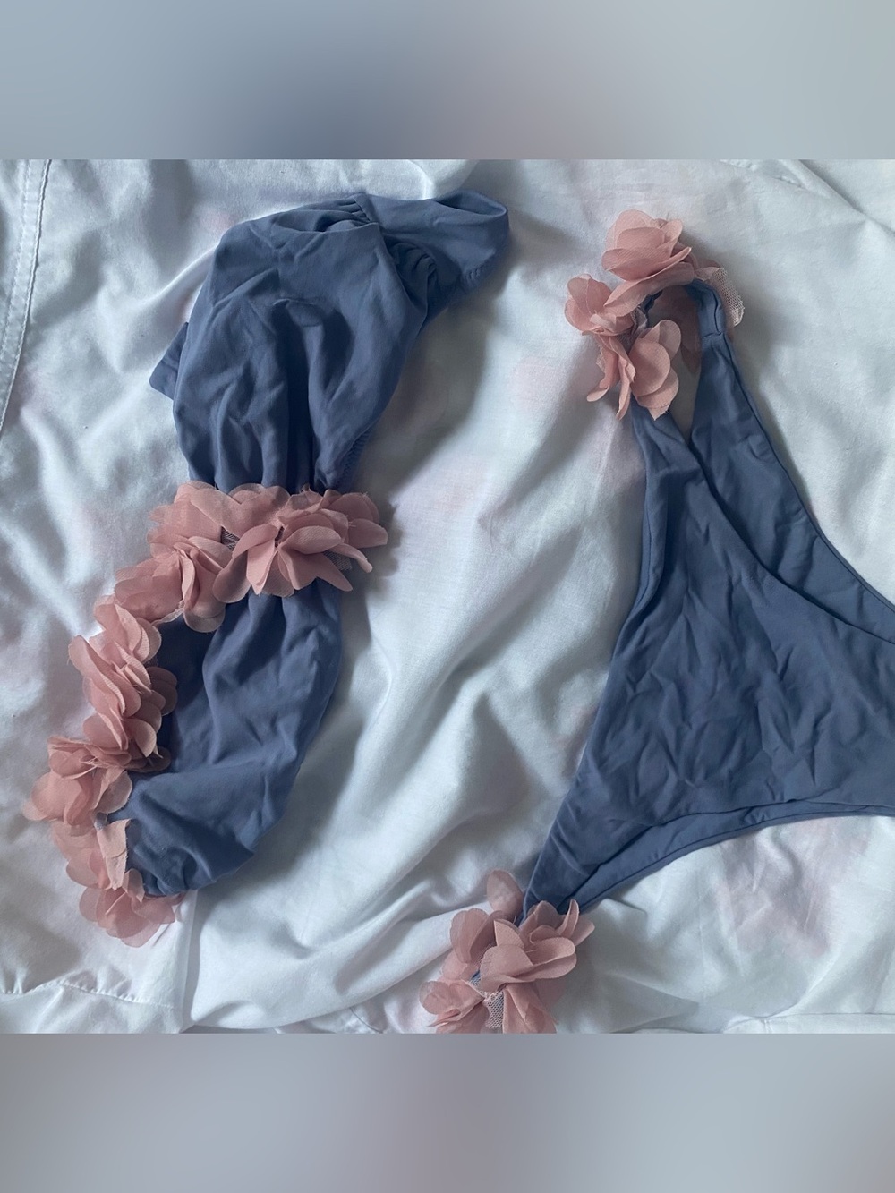 Blue Floral-Trim Bikini Panty with Pink Appliqué